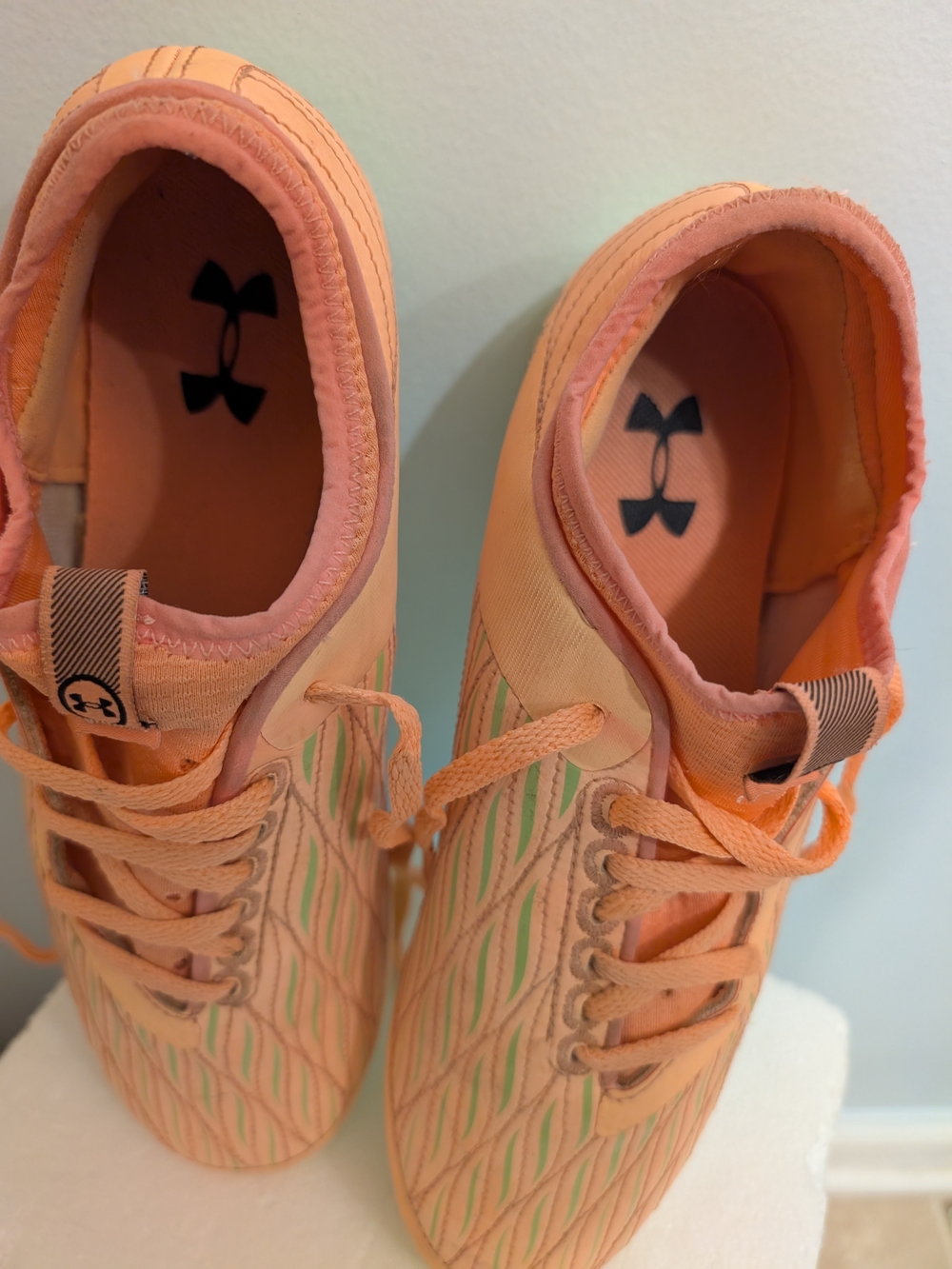 Under Armour  Peach and Green Soccer Cleats Size 6Y
